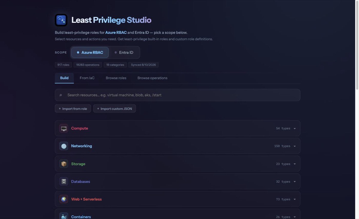 Least Privilege Studio, picking Azure RBAC actions by resource category