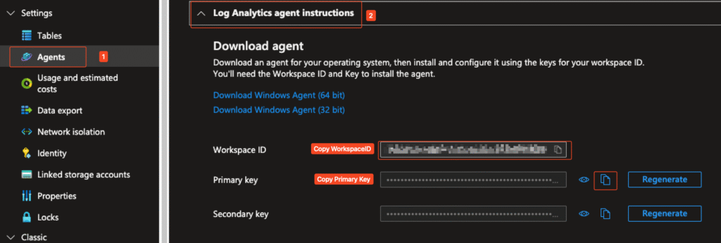 Log Analytics Agent Instructurions, Workspace ID and Primary Key for Custom Logs